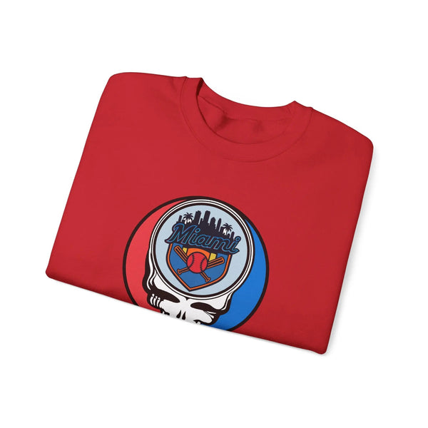 Red crewneck sweatshirt with round Miami Marlins skull logo