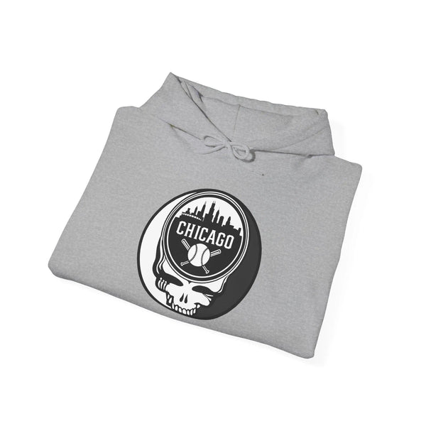 Heather gray hoodie folded top with hood and Chicago Stealie circular graphic