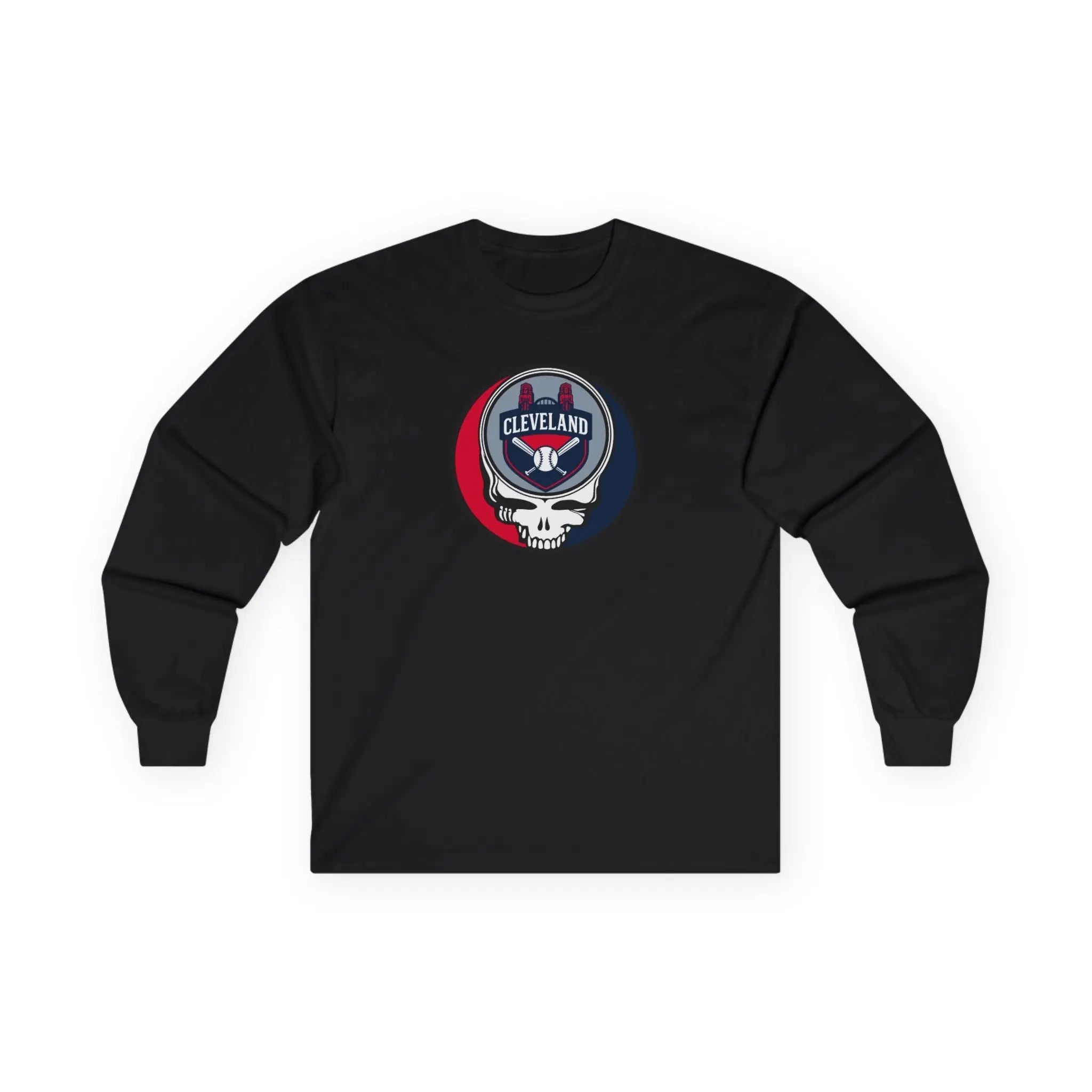 Black Cleveland Guardians long-sleeve T-shirt with round Stealie skull chest logo print