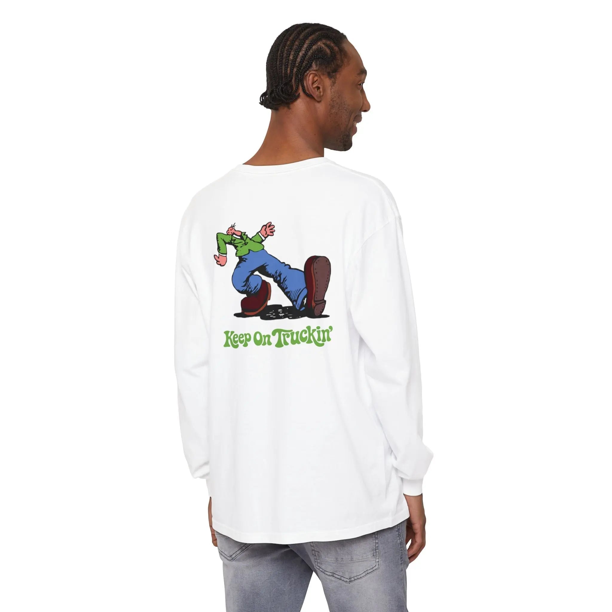 White long-sleeve T-shirt with back “Keep On Truckin’” graphic