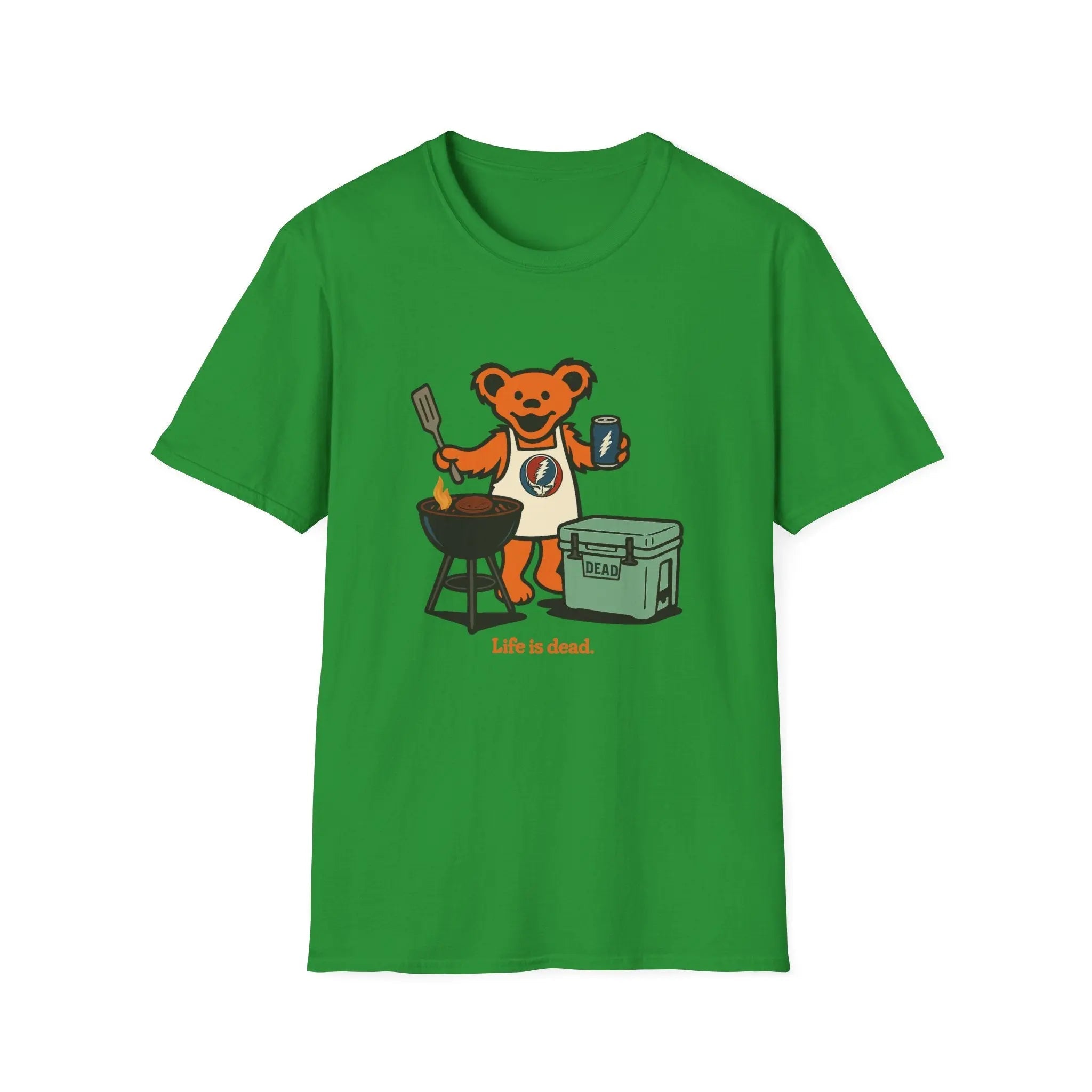 Green T-shirt with cartoon bear grilling graphic and small text at bottom