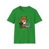 Green T-shirt with cartoon bear grilling graphic and small text at bottom