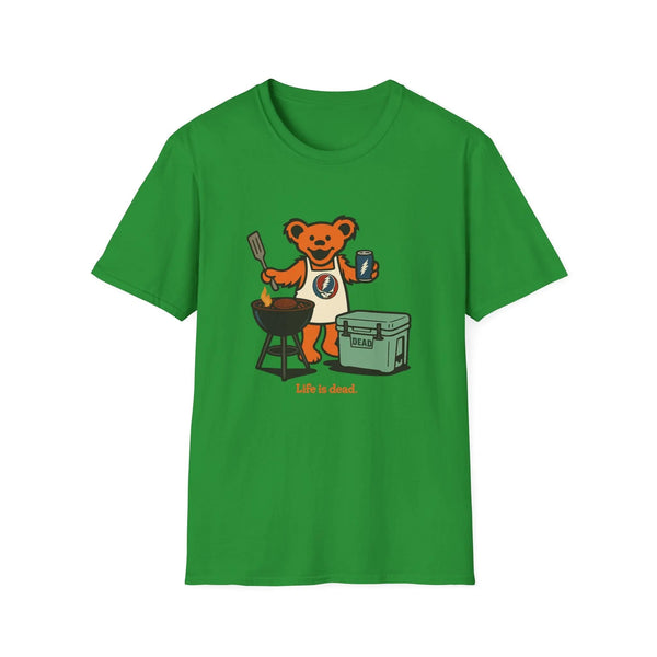 Green T-shirt with cartoon bear grilling graphic and small text at bottom