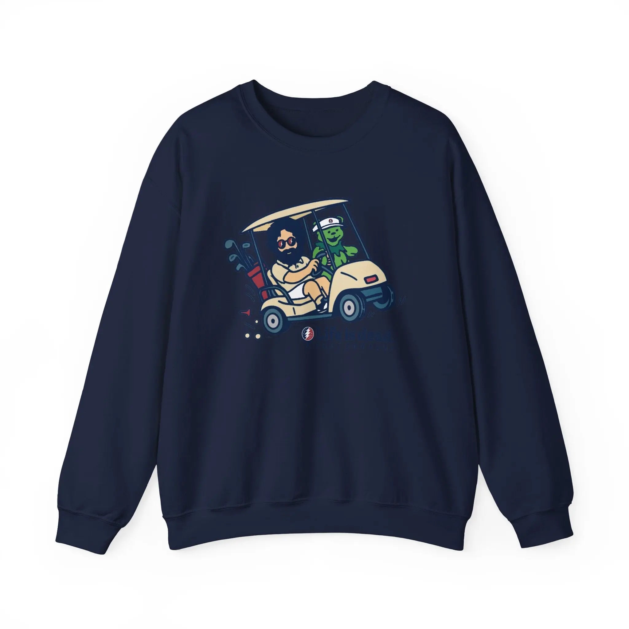 Navy crewneck sweatshirt, illustrated cartoon vehicle graphic on chest