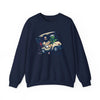 Navy crewneck sweatshirt, illustrated cartoon vehicle graphic on chest
