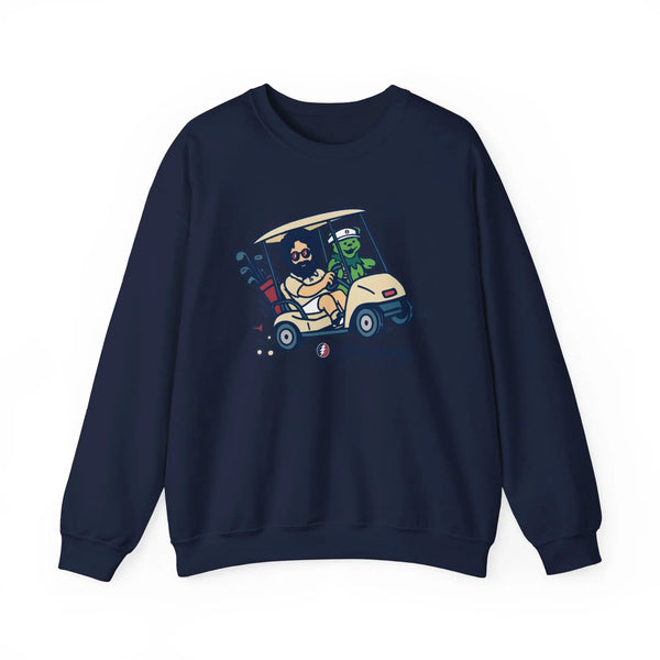 Navy crewneck sweatshirt, illustrated cartoon vehicle graphic on chest