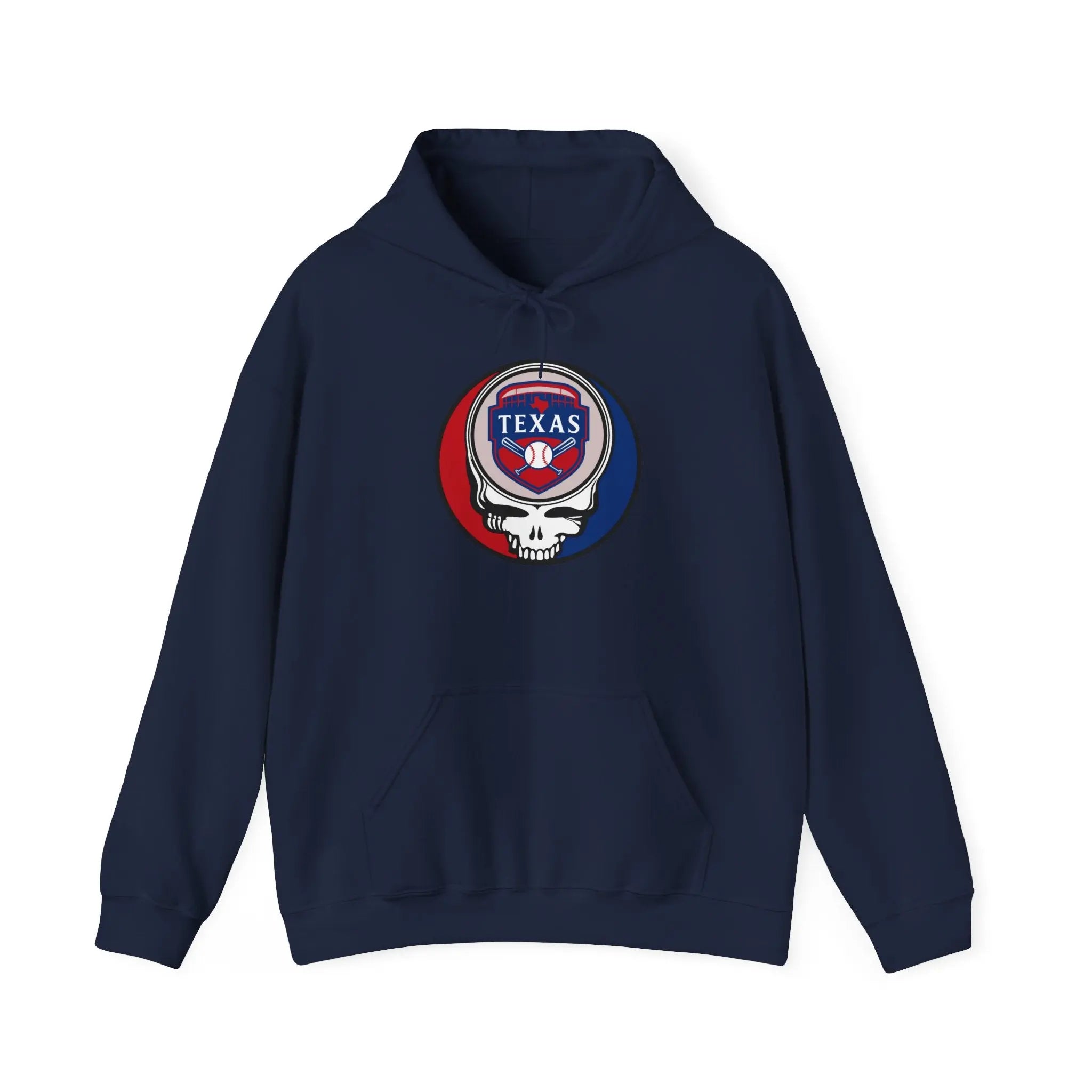 Navy hoodie with drawstring hood, front pocket, and TEXAS circular skull graphic
