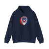 Navy hoodie with drawstring hood, front pocket, and TEXAS circular skull graphic