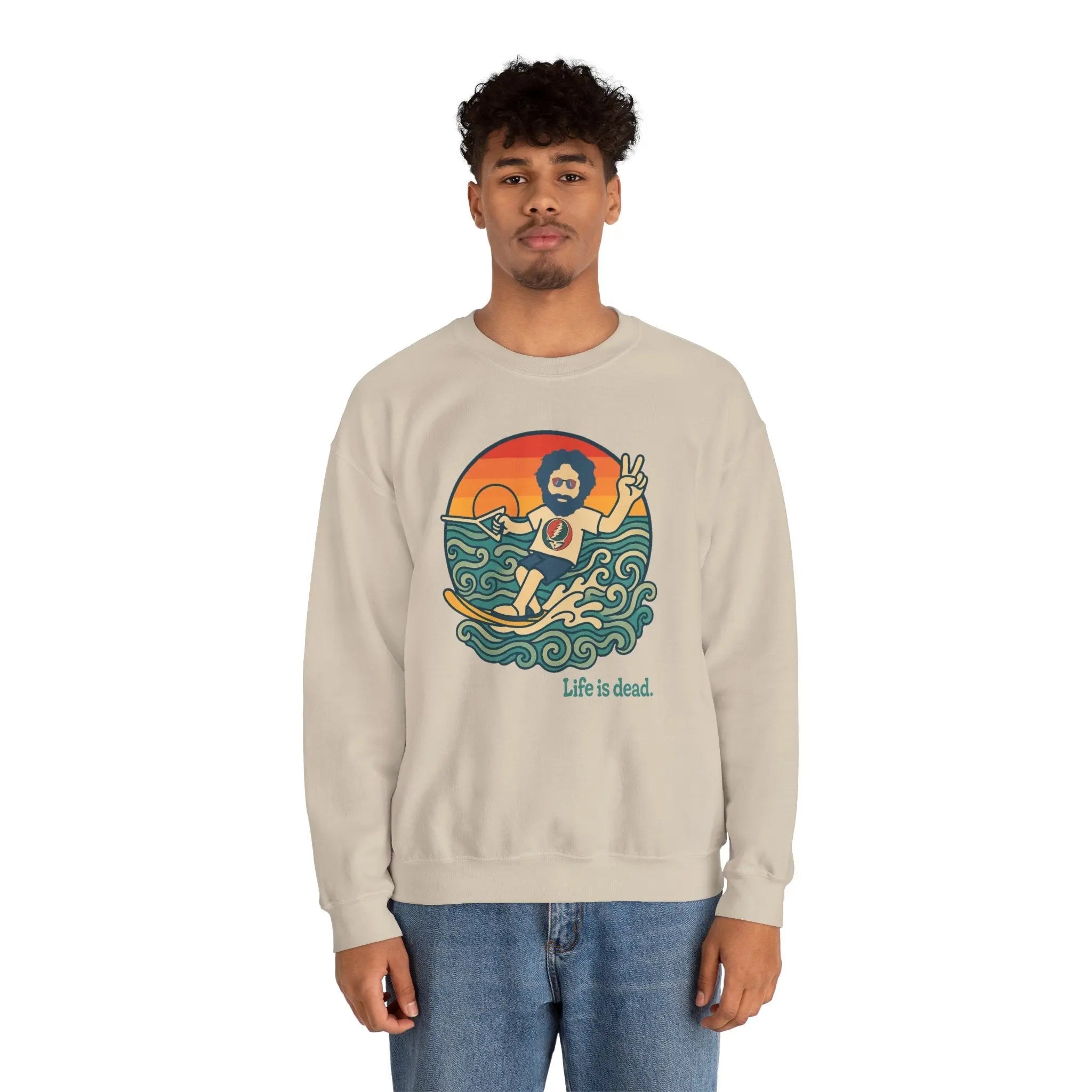 Sand crewneck sweatshirt with colorful sea and figure graphic