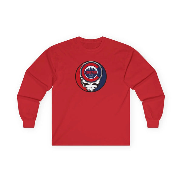 Red long sleeve T-shirt with Chicago skull logo print