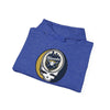 Heather sport royal hoodie with front hood and drawstring, featuring Milwaukee logo graphic.