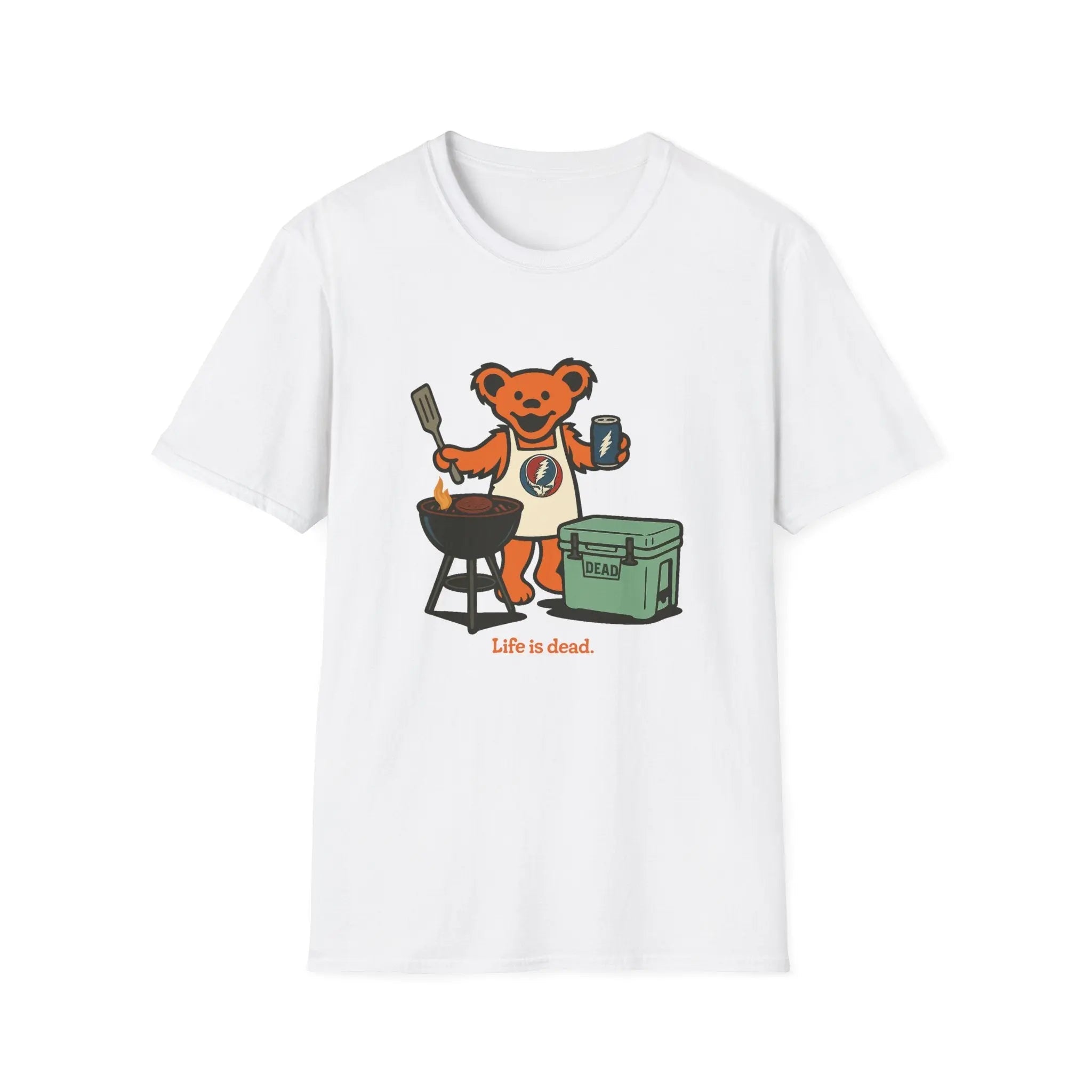 White T-shirt with cartoon bear grilling graphic and small text at bottom