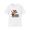 White T-shirt with cartoon bear grilling graphic and small text at bottom