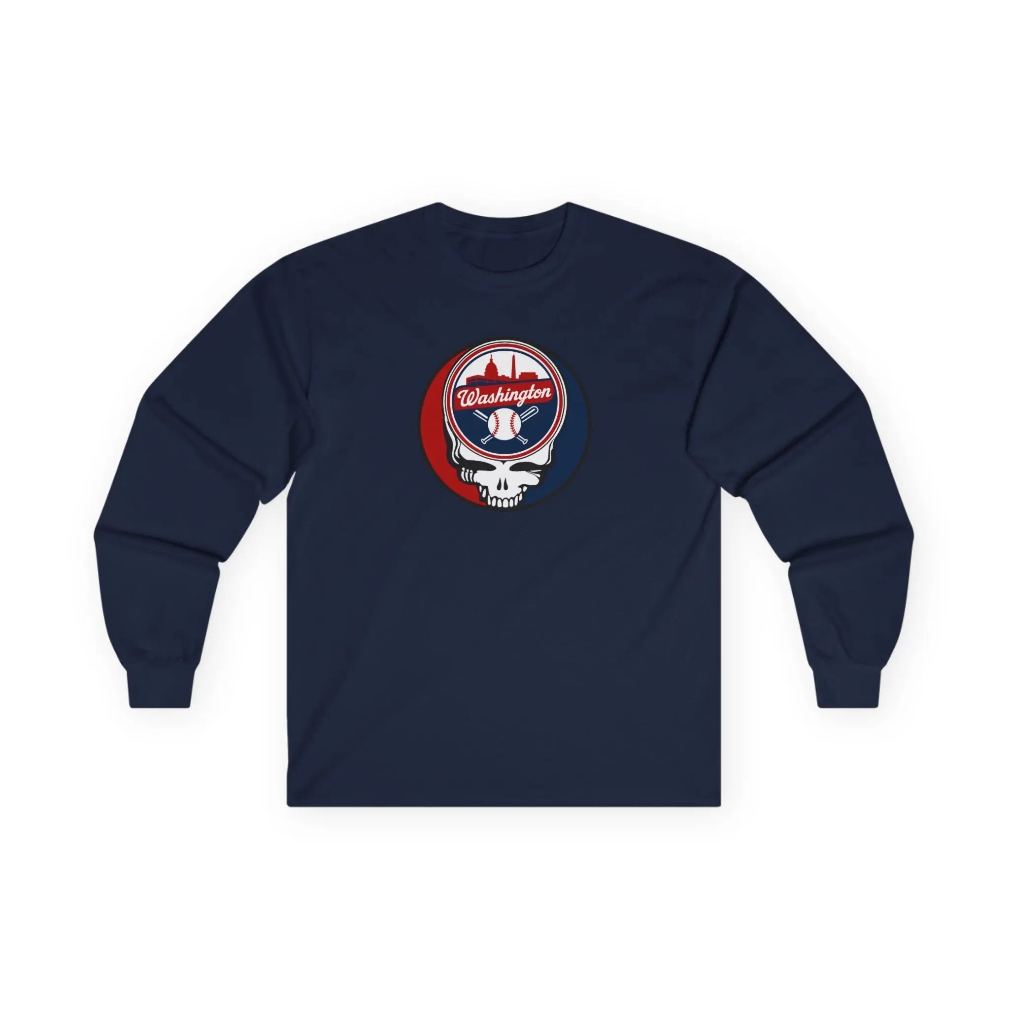 Navy long-sleeve T-shirt with circular Washington logo and skull graphic