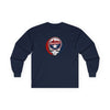 Navy long-sleeve T-shirt with circular Washington logo and skull graphic
