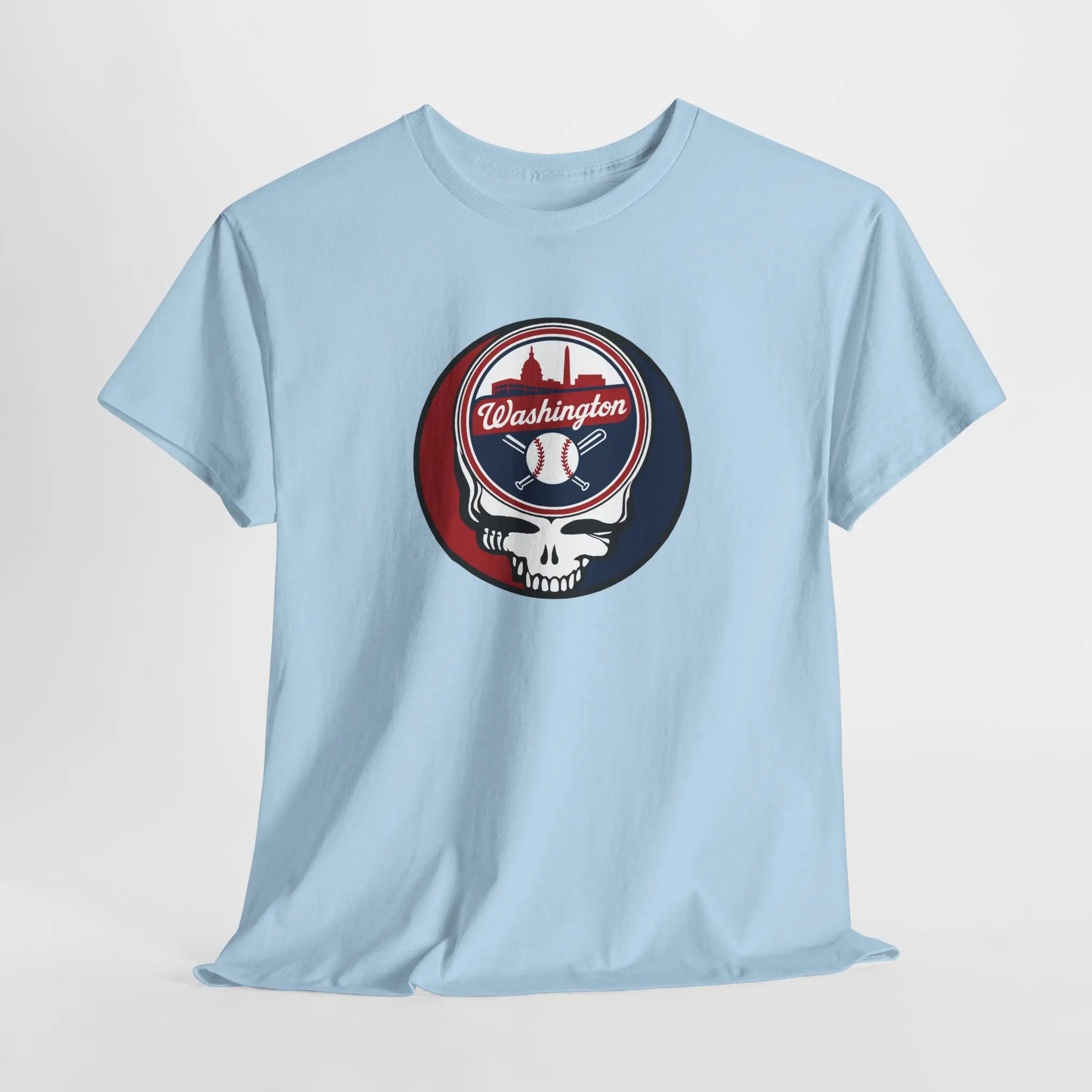 Light blue crewneck T-shirt with circular Washington baseball skull logo graphic