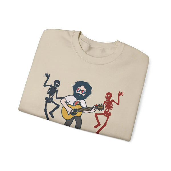 Sand crewneck sweatshirt folded, showing band graphic print on chest