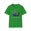 Irish green graphic T-shirt with cartoon rider and "Keep On Truckin'" text on front