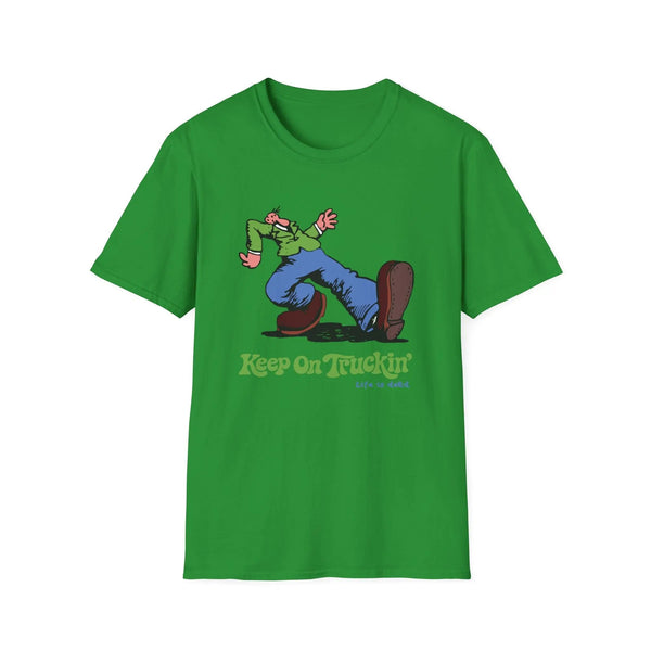 Irish green graphic T-shirt with cartoon rider and "Keep On Truckin'" text on front