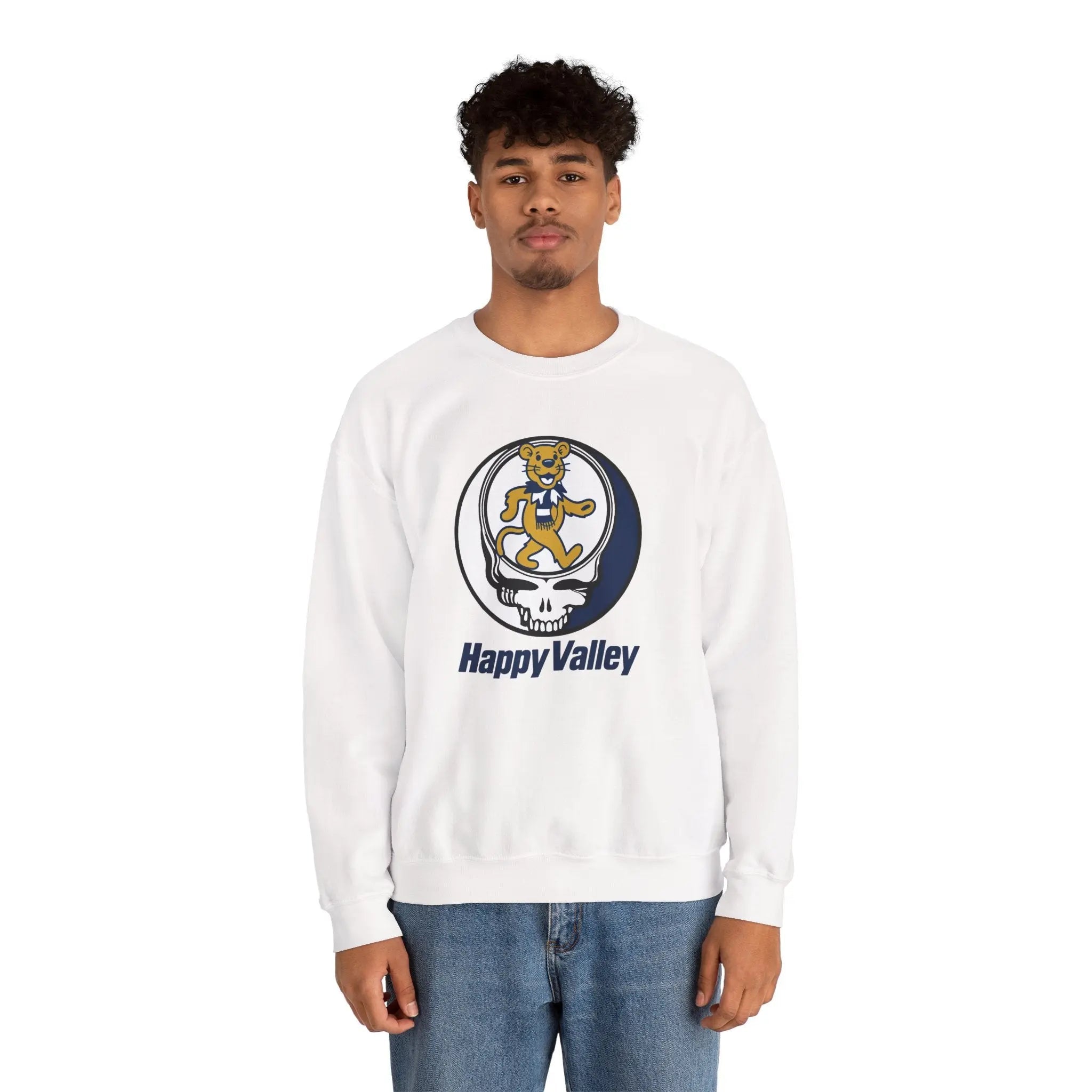 White crewneck sweatshirt with Happy Valley dancing lion front graphic
