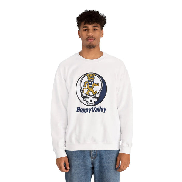 White crewneck sweatshirt with Happy Valley dancing lion front graphic