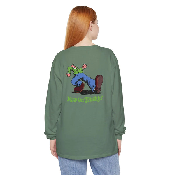 Long-sleeve garment-dyed green shirt, back graphic with “Keep on Truckin'”.