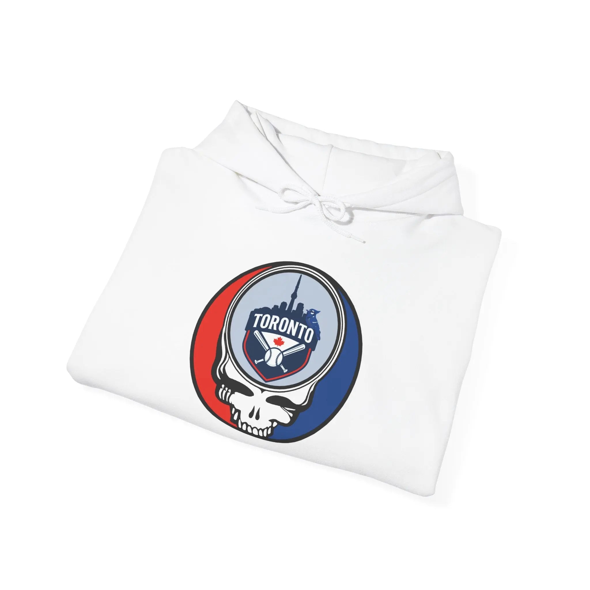 White hoodie with stacked-fold look, drawstring hood, Toronto logo emblem