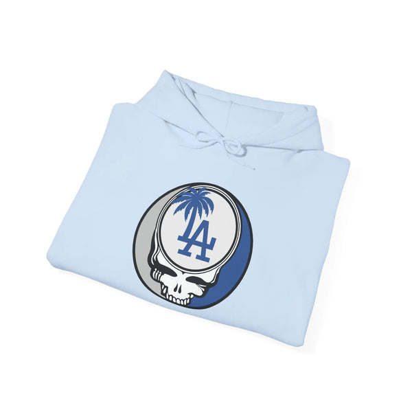 Los Angeles Dodgers light blue hoodie with front Stealie LA emblem and hood drawstring