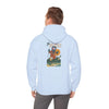 Light blue ski-themed hoodie with back graphic; hood and long sleeves