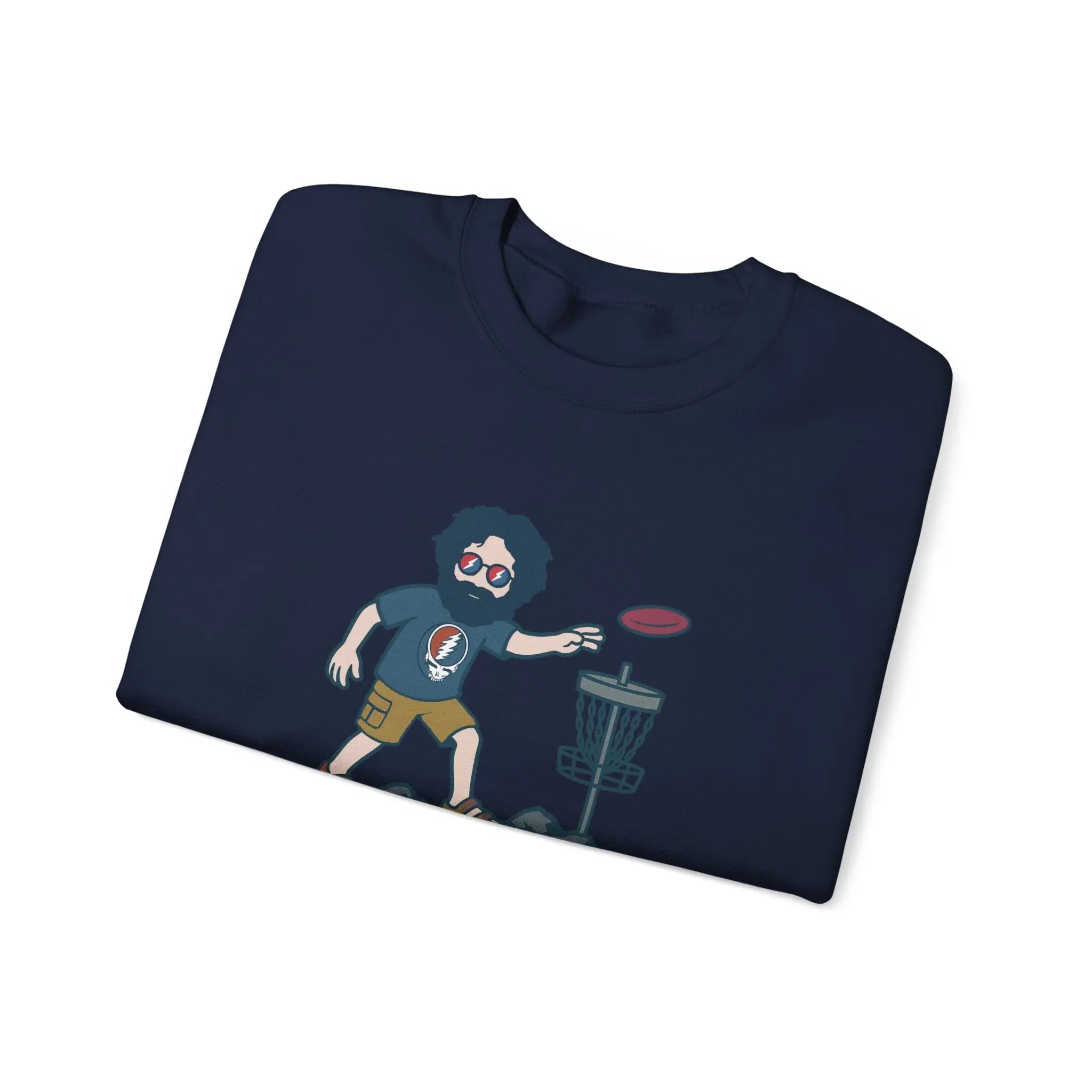 Disc Golfin' Jerry navy crewneck sweatshirt, front cartoon golfer with disc and basket graphic