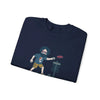 Disc Golfin' Jerry navy crewneck sweatshirt, front cartoon golfer with disc and basket graphic