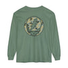 Green long-sleeve shirt, back print with camo skull emblem, crew neck