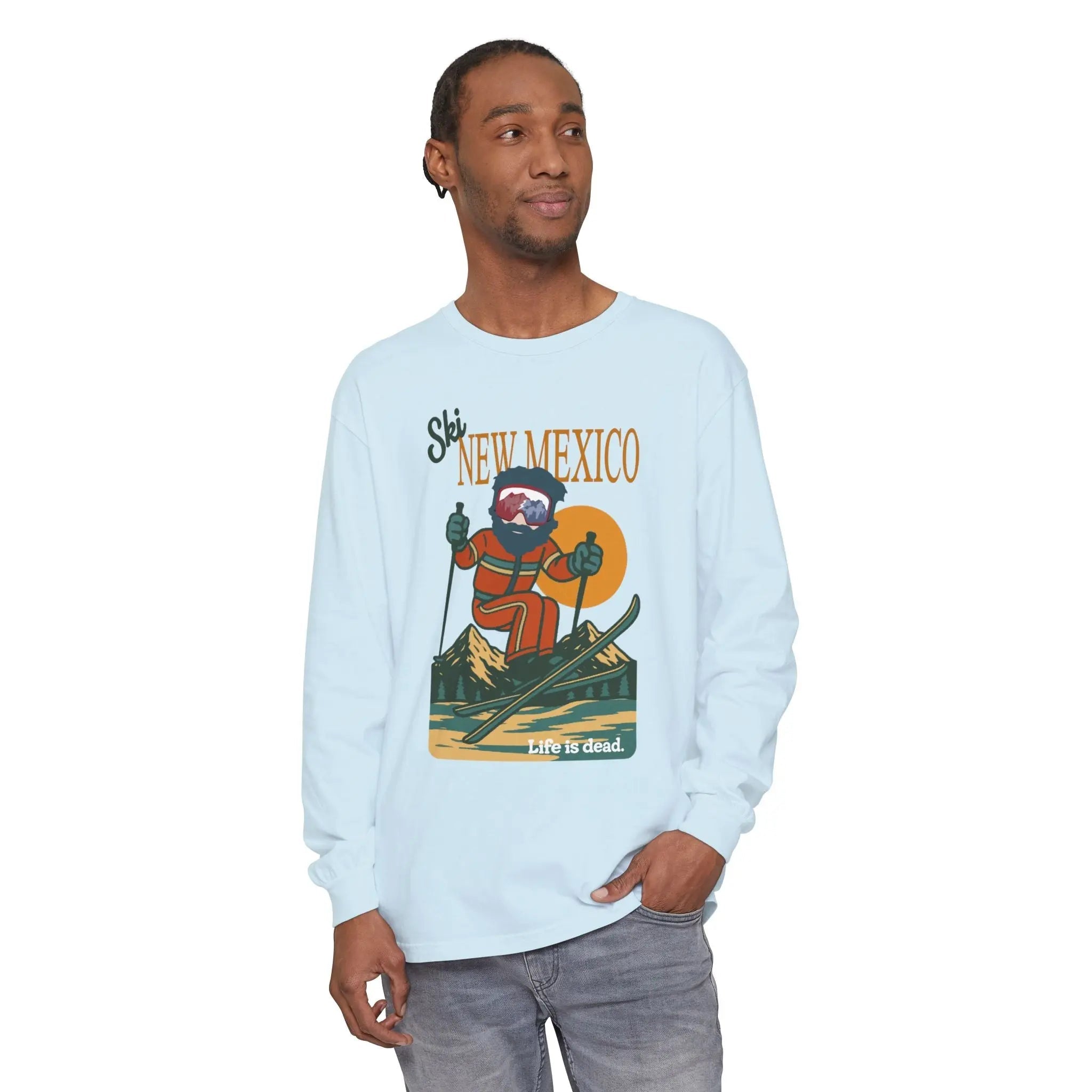 Light blue long-sleeve graphic T-shirt with front New Mexico rider print