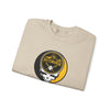Sand crewneck sweatshirt with circular Pittsburgh logo and skull graphic, angled view