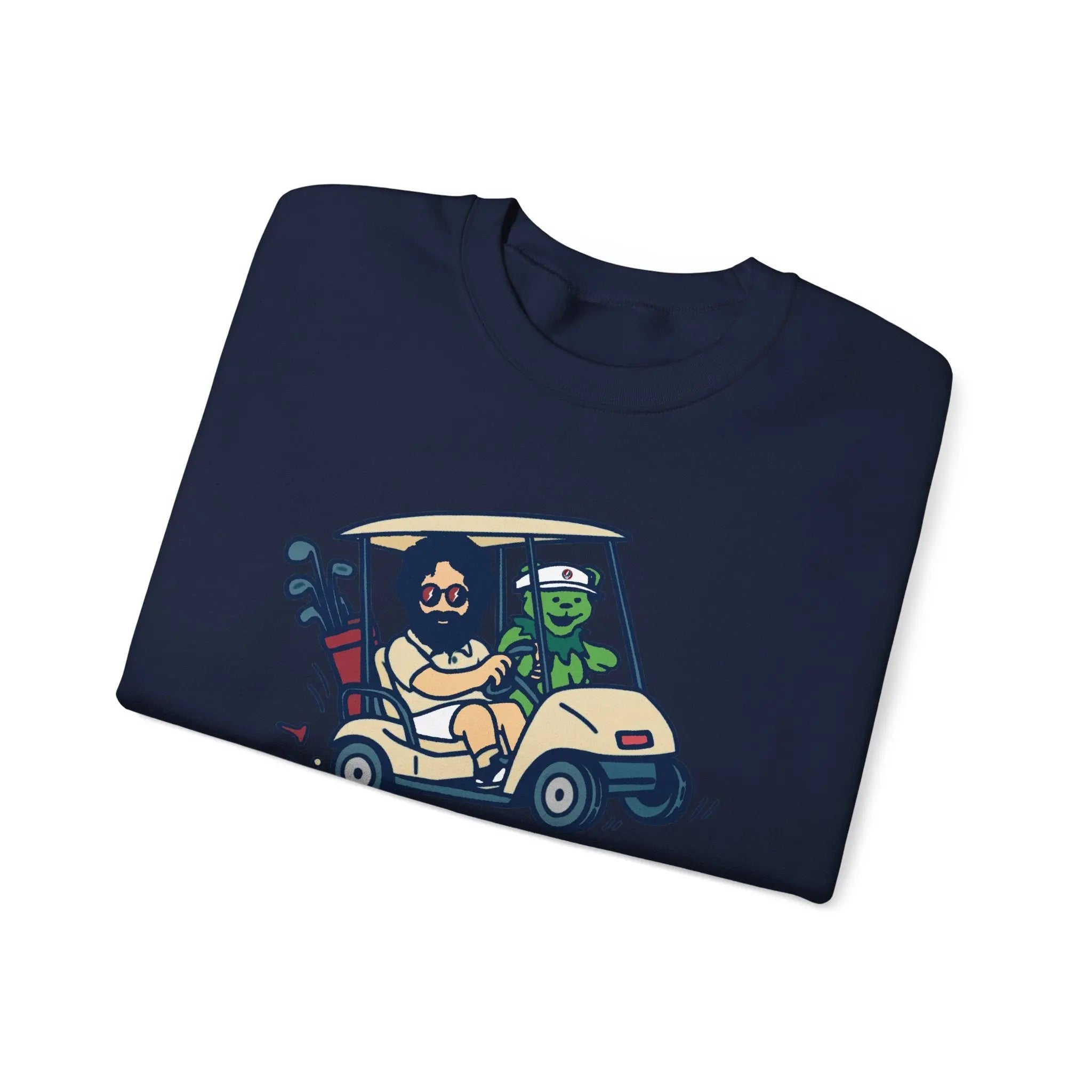 Navy crewneck sweatshirt with front cartoon vehicle graphic