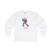 White long-sleeve graphic T-shirt with hockey player and 'Life is dead' print