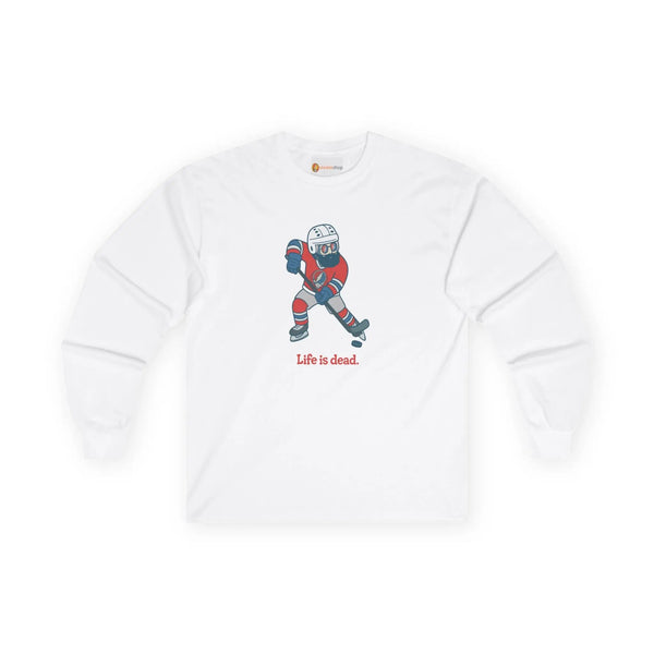 White long-sleeve graphic T-shirt with hockey player and 'Life is dead' print