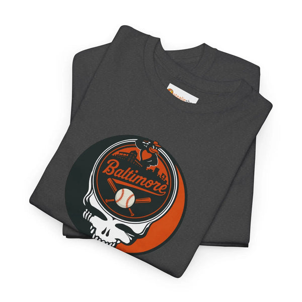 Charcoal graphic T-shirt with Stealie skull Baltimore Orioles logo
