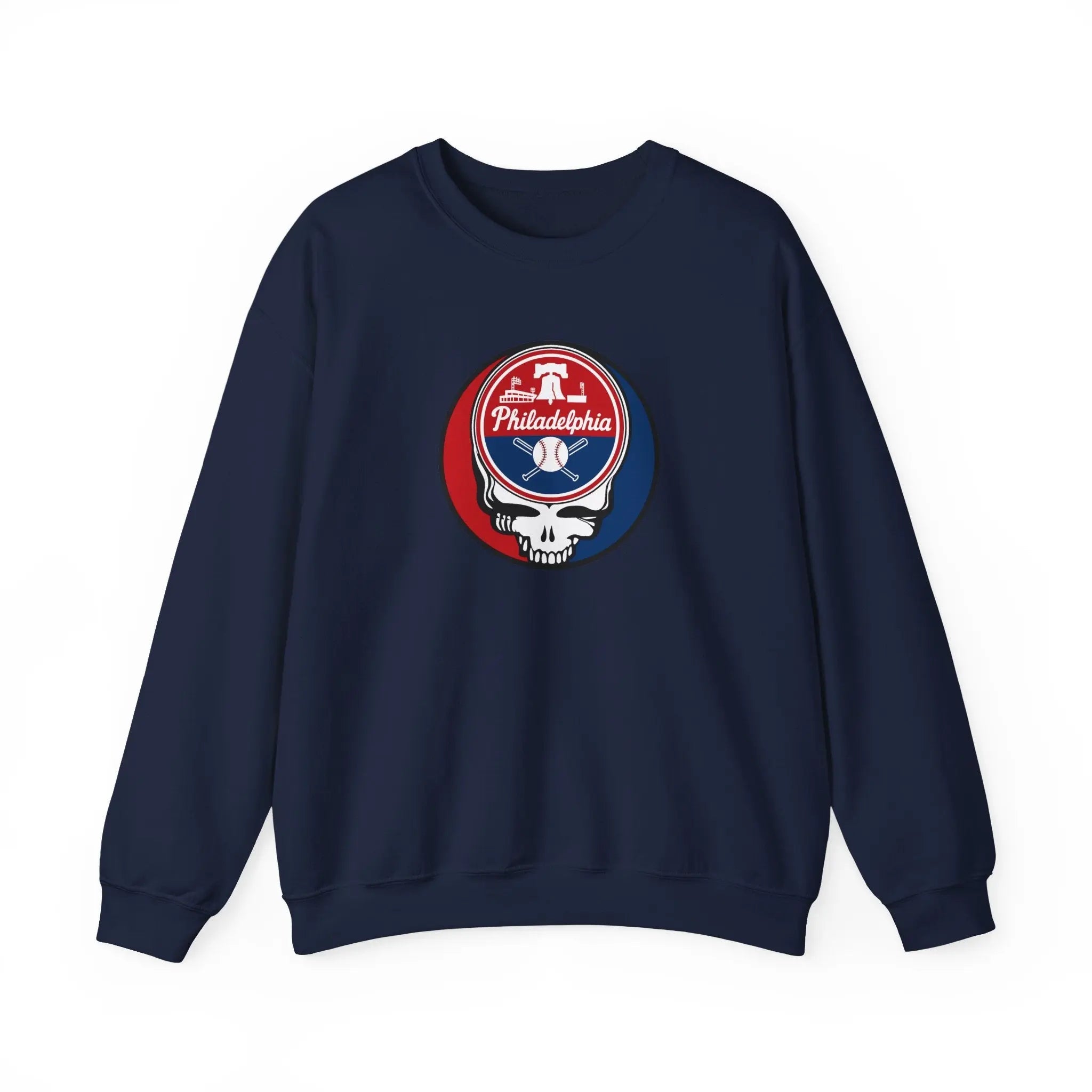 Navy crewneck sweatshirt with Philadelphia circular logo and mascot skull graphic on chest.