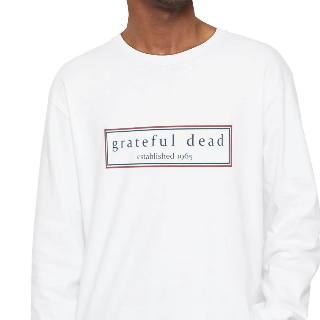 White long-sleeve T-shirt with front “grateful dead established 1965” logo