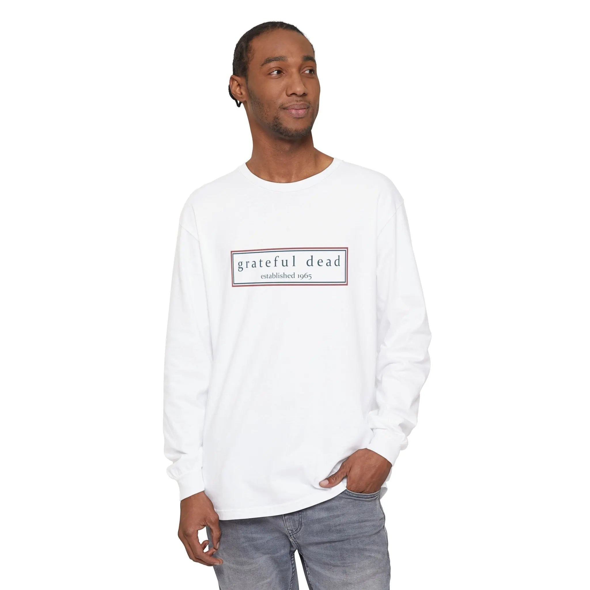 White long-sleeve T-shirt with front “grateful dead established 1965” logo