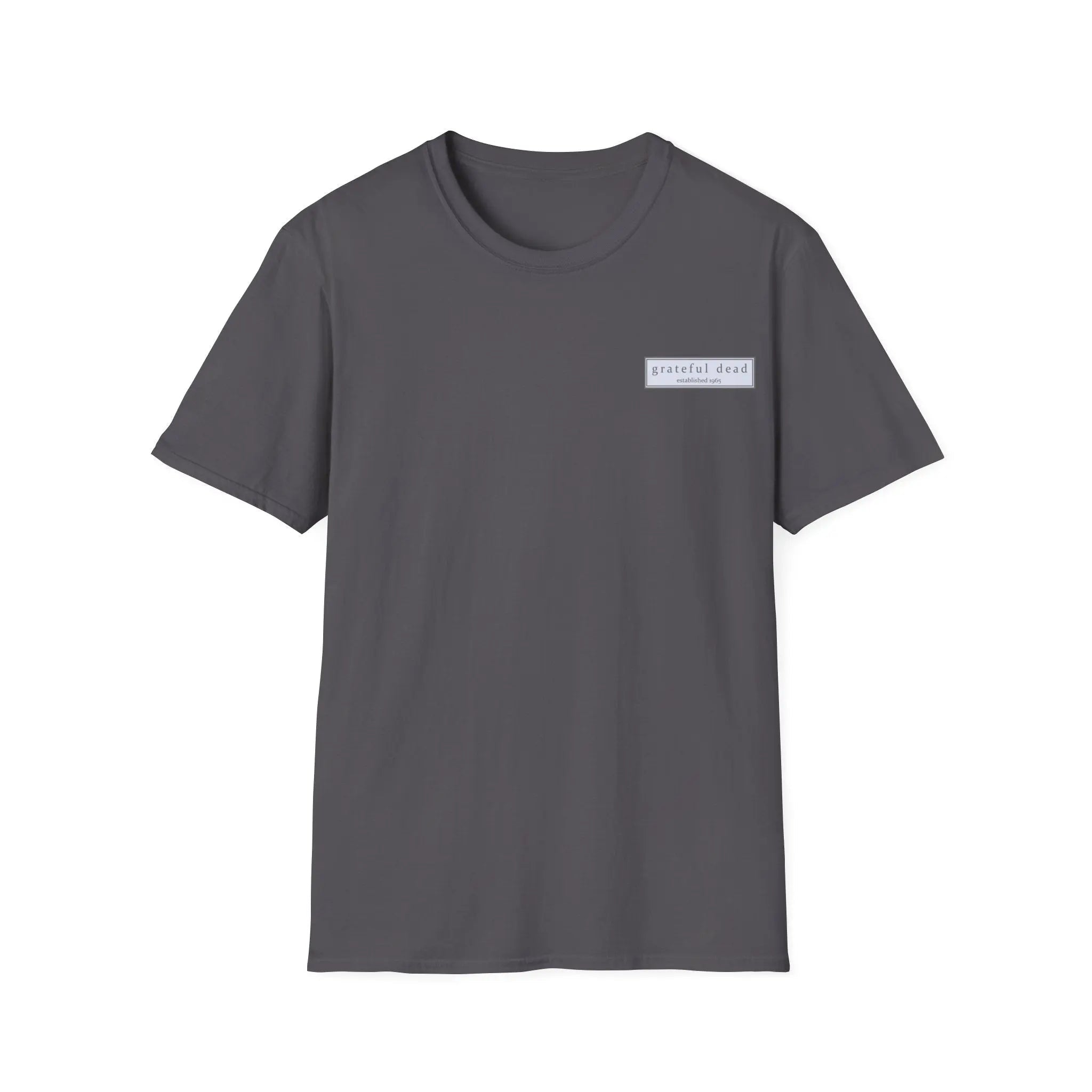 Charcoal two-sided graphic t-shirt with small rectangular chest logo