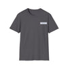 Charcoal two-sided graphic t-shirt with small rectangular chest logo