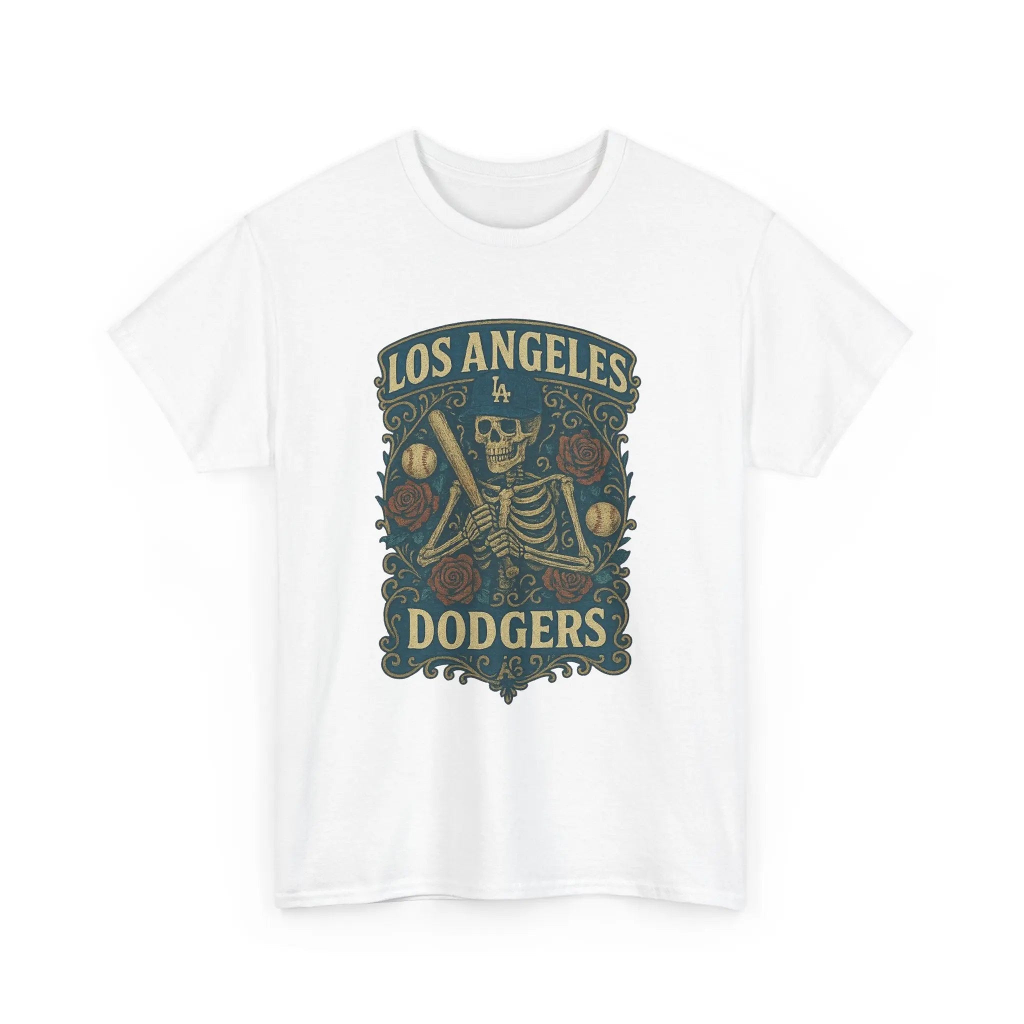 White crewneck T-shirt with centered Los Angeles Dodgers skeleton emblem graphic