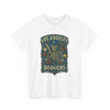 White crewneck T-shirt with centered Los Angeles Dodgers skeleton emblem graphic
