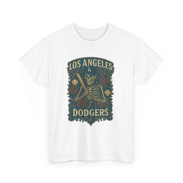 White crewneck T-shirt with centered Los Angeles Dodgers skeleton emblem graphic