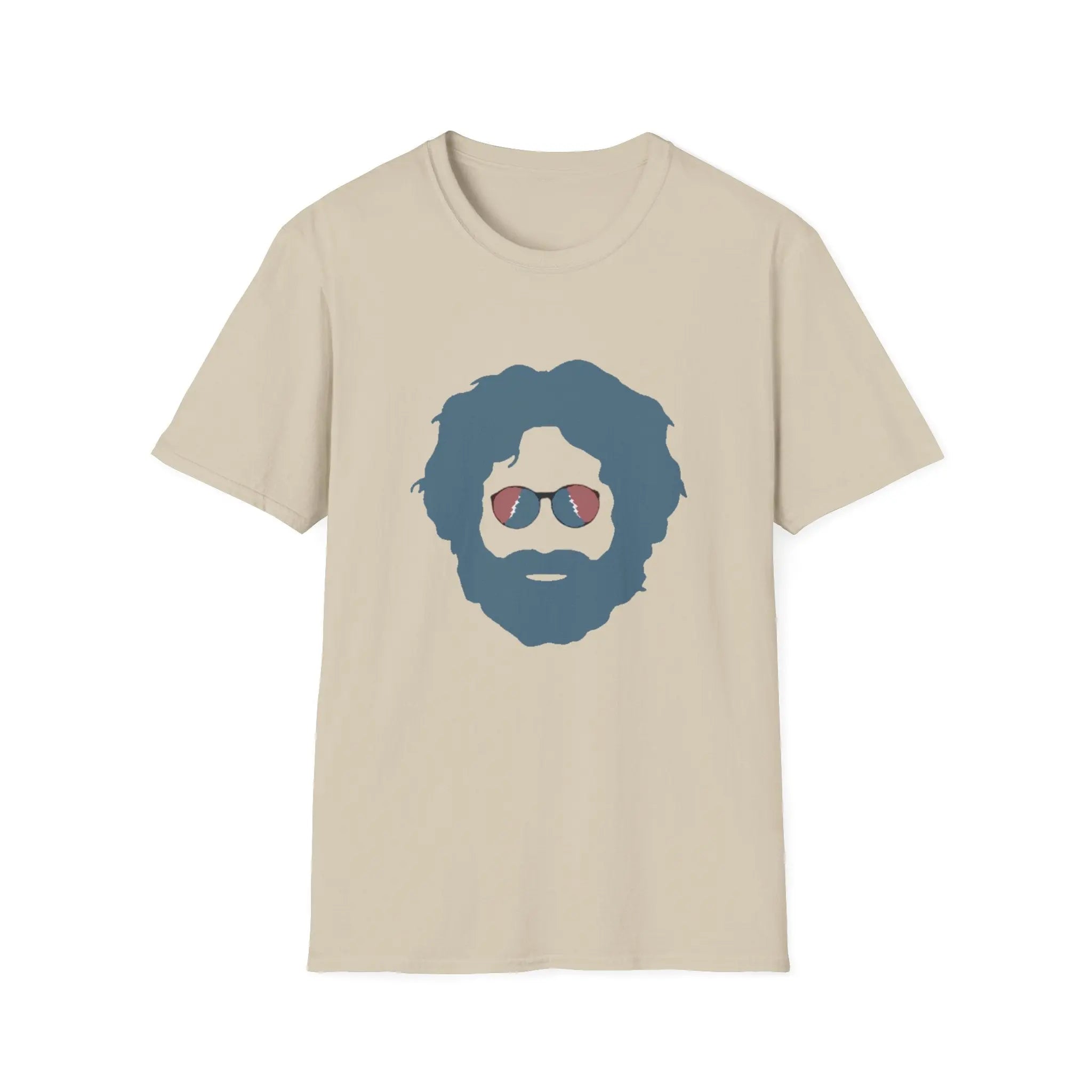 Sand T-shirt with blue bearded face graphic wearing sunglasses