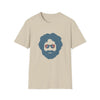 Sand T-shirt with blue bearded face graphic wearing sunglasses
