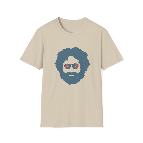 Sand T-shirt with blue bearded face graphic wearing sunglasses