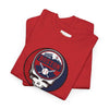Red Boston Red Sox T-shirt with circular skull team logo graphic, folded
